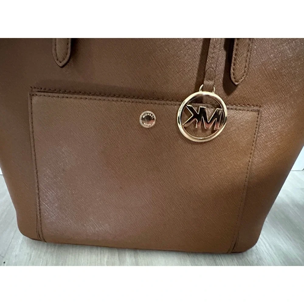 Michael Kors Brown Leather‎ Tote Bag Gold Tone MK Logo